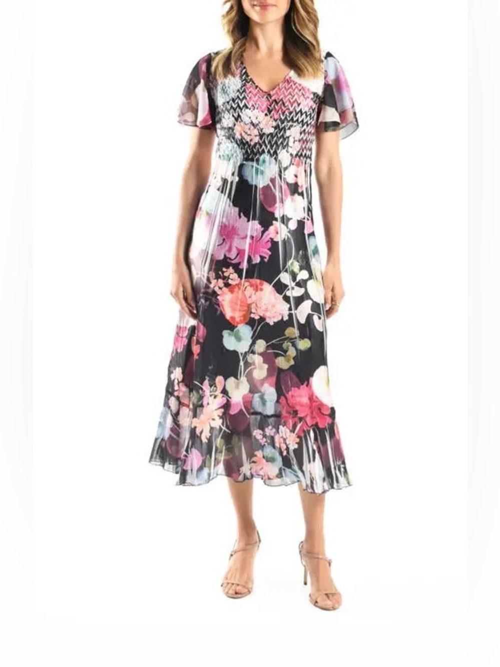 Komarov Flutter Sleeve Charmeuse & Chiffon Midi Dress NEW